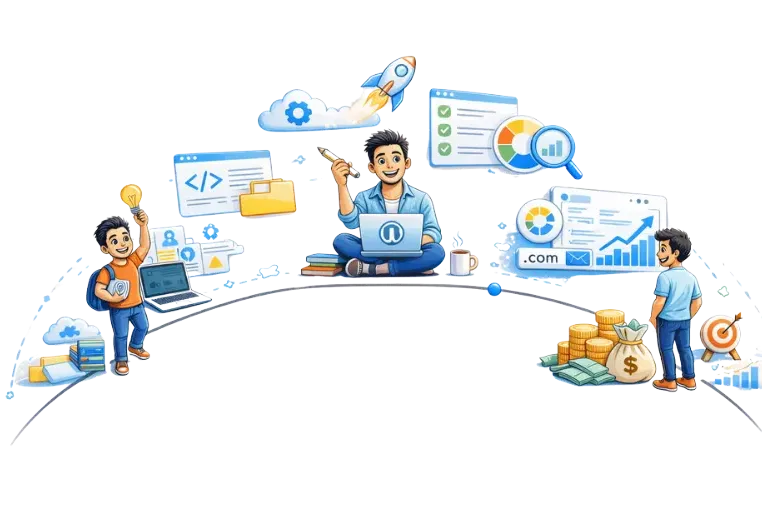 Illustration of a web development process with developers working on coding, website design, SEO optimization, analytics, and digital business growth